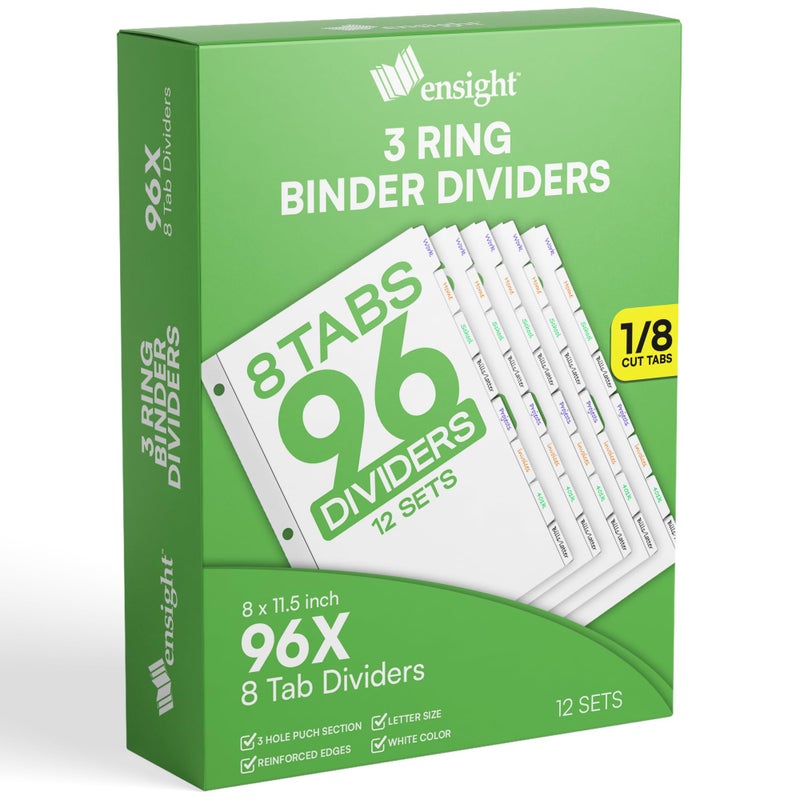 Ensight 3 Ring Page Dividers Bulk, 1/5 Cut Tab Dividers, 100 Per Box - Divider Pages with Tabs, Decorative Printable Rewritable Divider Tabs, Exhibit Tab Dividers for 3 Ring Binders Bulk - Image 1